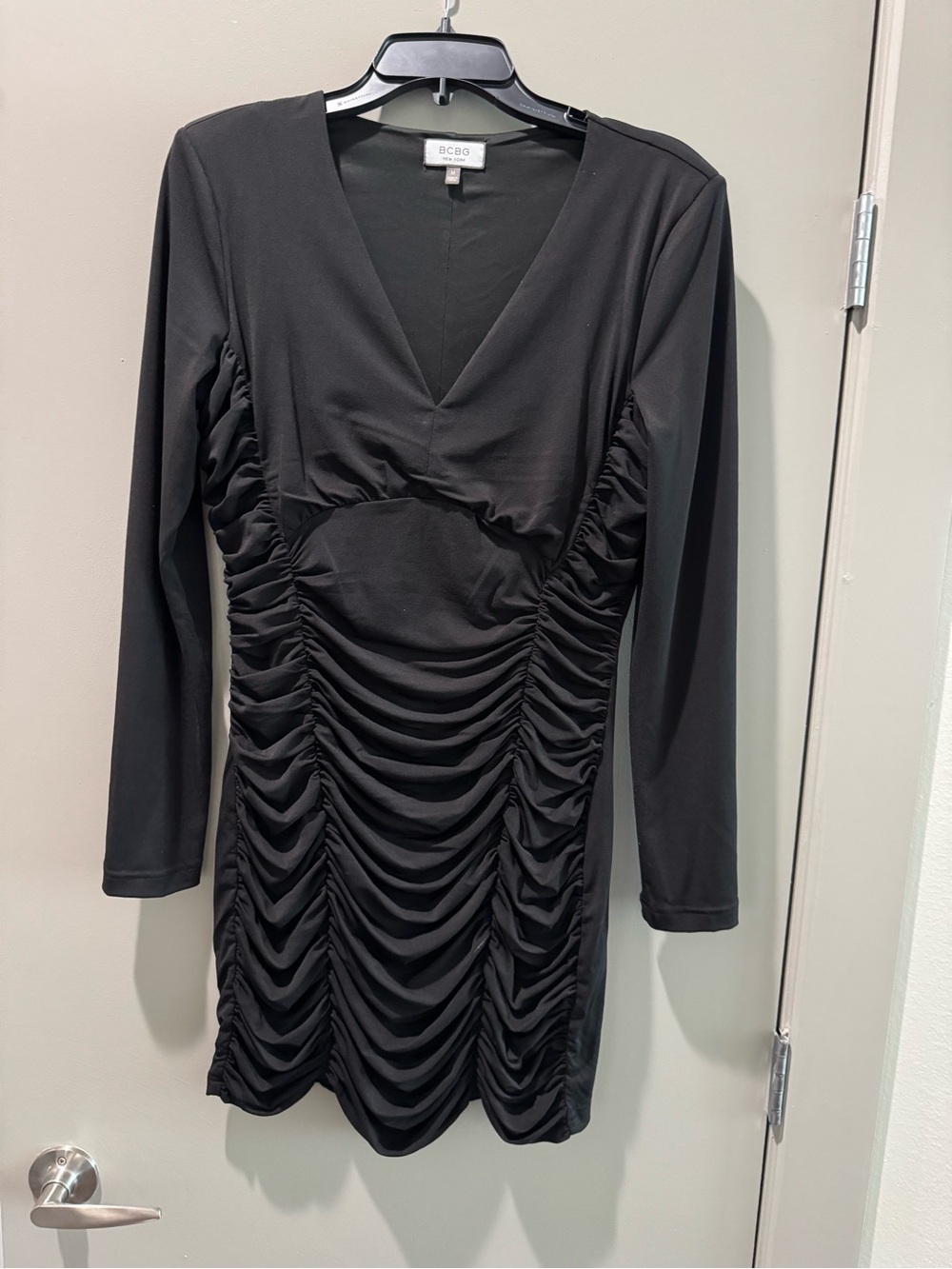 BCBG Black Long-Sleeve Ruched V-Neck Mini Dress